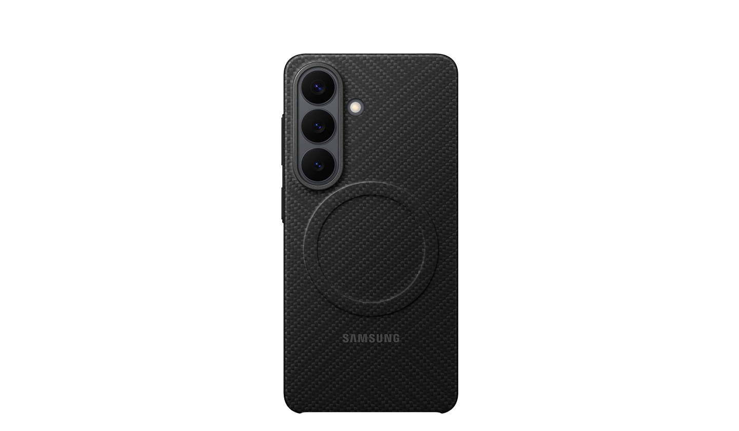 Rückansicht eines Galaxy S26 in einem schwarzen Karbon-Magnet-Case, das das dünne und widerstandsfähige Design der Hülle zeigt.