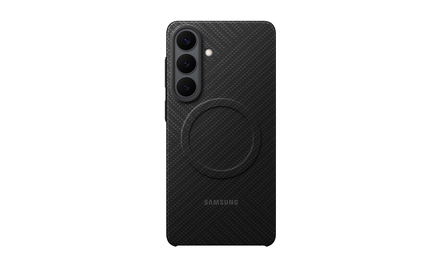 Rear-facing view of a Galaxy S26+ in a Black Carbon Magnet Case, showcasing the case's thin and durable design.