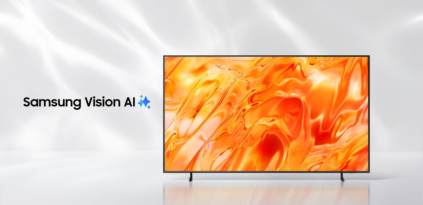 Samsung Vision AI logo next to a Samsung TV that turns on to display abstract visuals.
