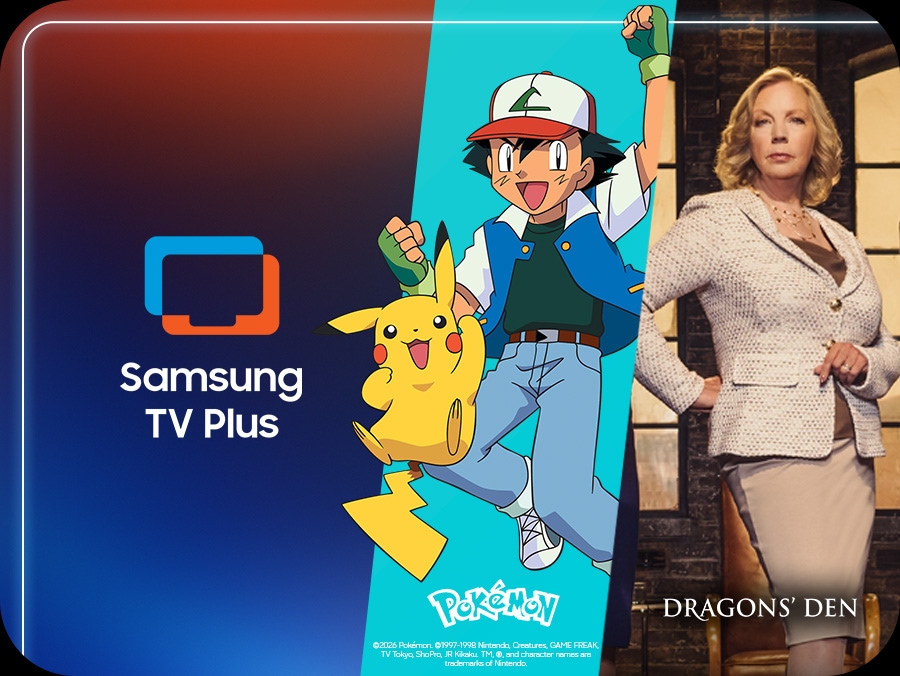 TV in a living room shows Samsung TV Plus home screen and the diverse TV channels available with it. 