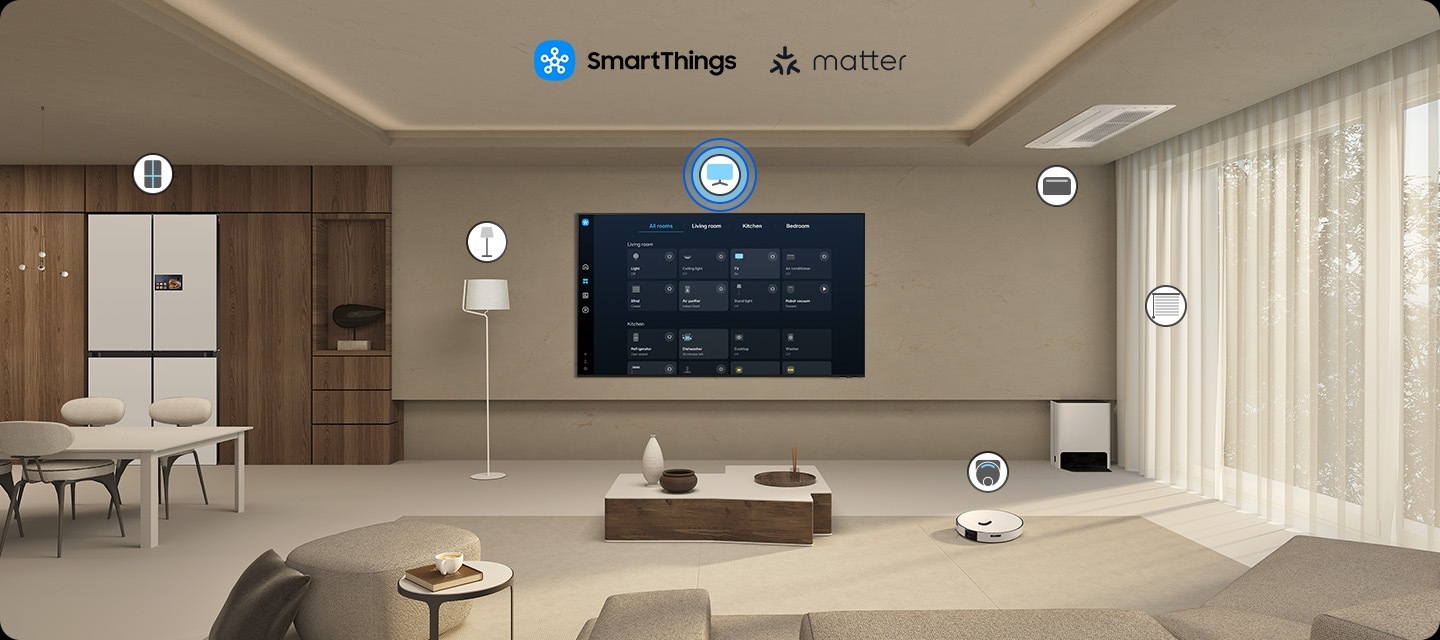 A modern living room with a wall-mounted Samsung TV displaying the SmartThings dashboard, showing connected devices across different rooms. Icons around the space represent lights, air conditioning, blinds, appliances and a robot vacuum, all controlled from a single screen. The view zooms into the TV to reveal the SmartThings interface in detail. The stand-light icon is selected, and when its power button is activated, the floor lamp in the living room turns on. The interface then transitions to the blinds icon, and when its power button is activated, the living room curtains open. The view zooms back out to the full living room, now showing all connected devices active and working together. SmartThings logo, matter logo.