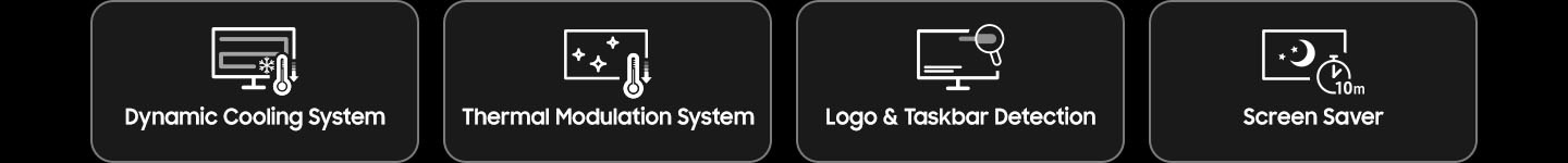 Dynamic Cooling System icon. Thermal Modulation System icon.  Logo and Taskbar Detection icon. Screen Saver icon with a clock indicating 10 minutes.