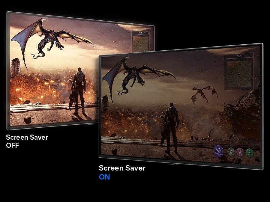 A bright and dimmed screen shows dragons flying above the character. One reads 