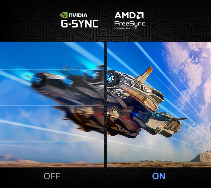 A split screen displays the same aircraft moving at full speed. The image labeled ON is clearer than the image labeled OFF. AMD FreeSync Premium Pro logo and NVIDIA G-Sync Compatible logo.