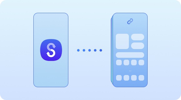 A smartphone device silhouette with Smart Switch icon onscreen is shown transferring data to another compatible smartphone device with multiple data layers.