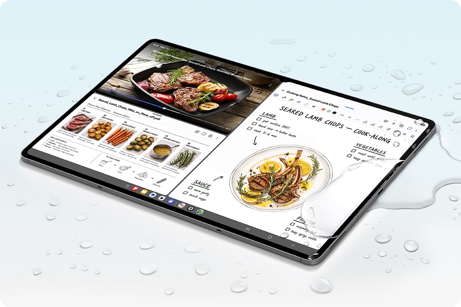 Galaxy Tab S12 Ultra with water droplets demonstrating its IP68 protection