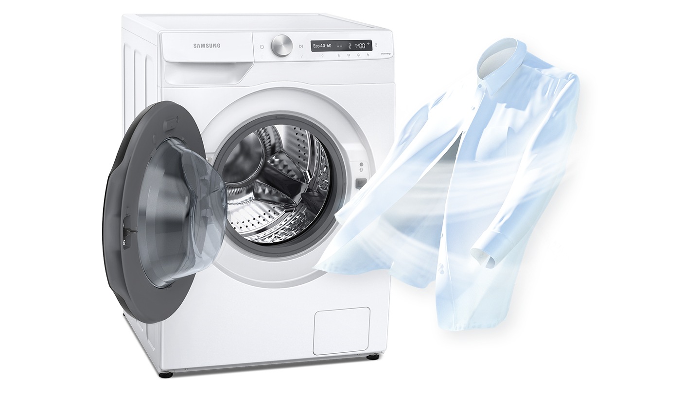 To show cleanliness, a strong air current is being blown to a white shirt where it stands next to an open dryer door.