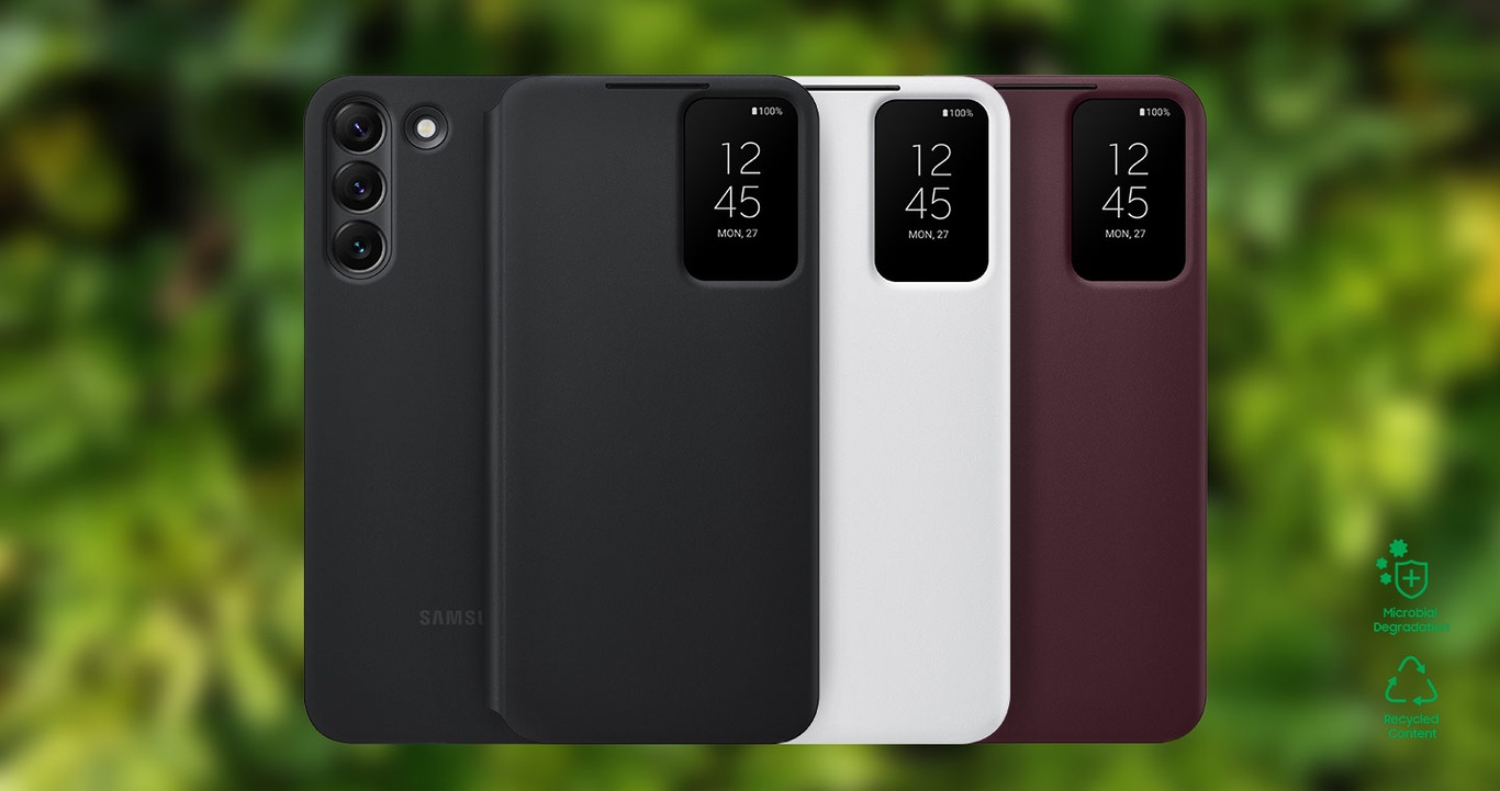 Front and back view of the case in black, white and burgundy against a blurred green backdrop