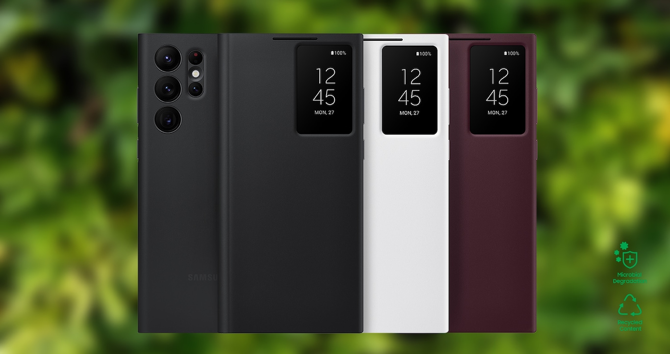 Front and back view of the case in black, white and burgundy against a blurred green backdrop