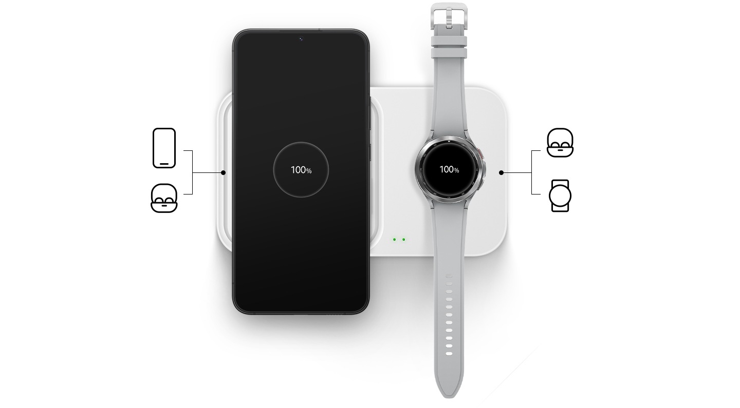 Charging device in centre view with a phone and a watch placed on the wireless charger