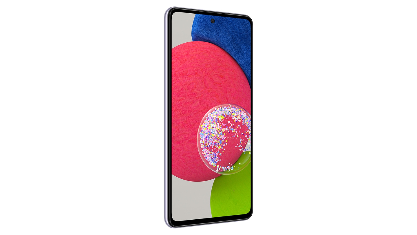 Galaxy A52s 5G in Awesome Violet seen from the front with a colorful wallpaper onscreen. It spins slowly, showing the display, then the smooth rounded side of the phone with the SIM tray, then the matte finish and the minimal camera housing on the rear and comes to a stop at the front view again.