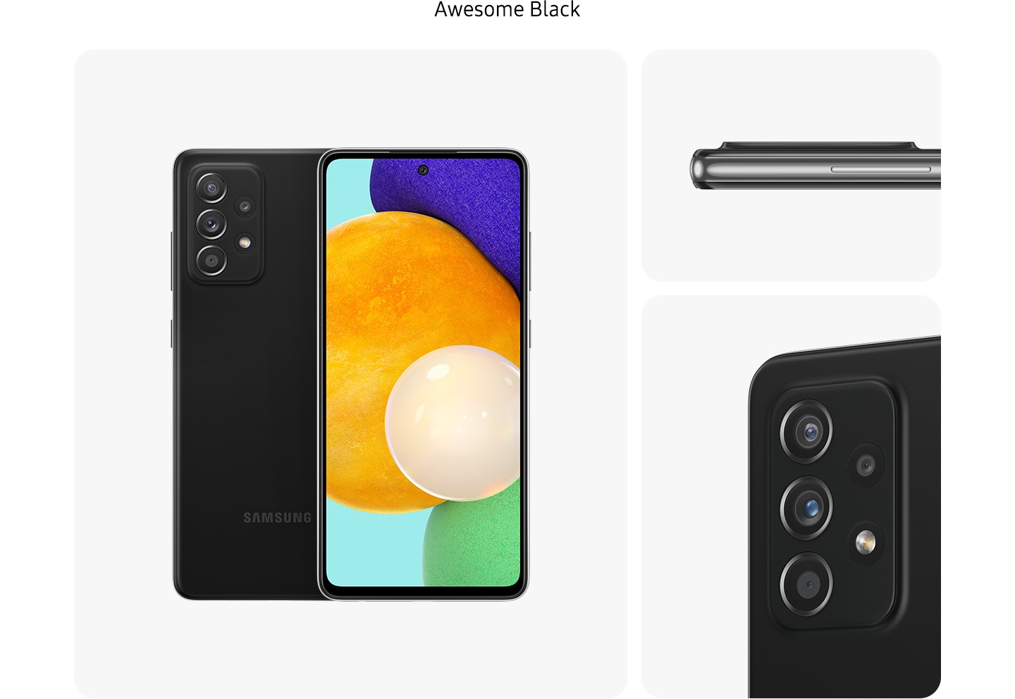 2. BlackGalaxy A52 5G in Awesome Black, seen from multiple angles to show the design: rear, front, side and close-up on the rear camera.