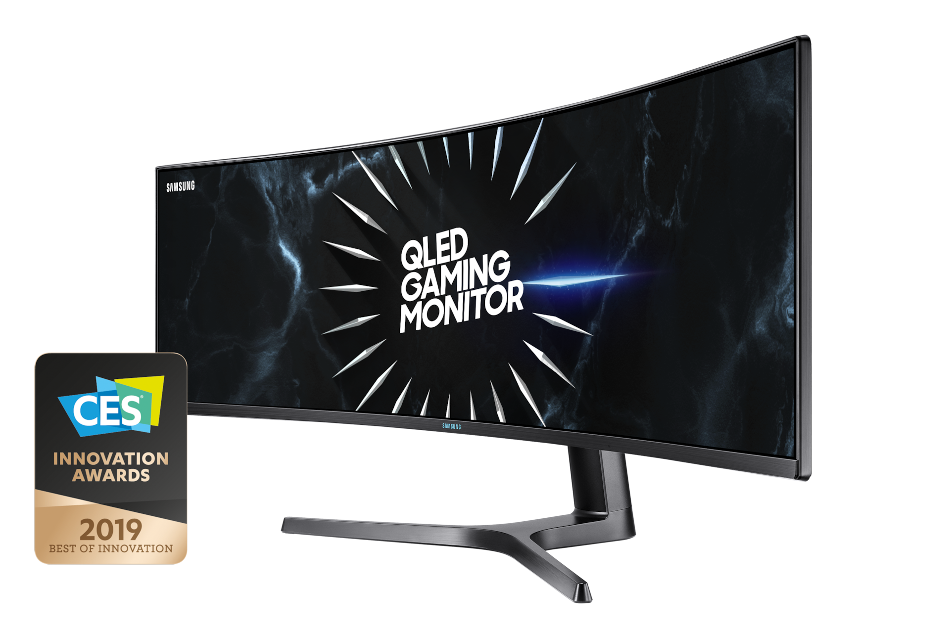 A Samsung 49 Inch QLED Curved Gaming Monitor on a white background next to a 2012 CES Innovation Awards badge.