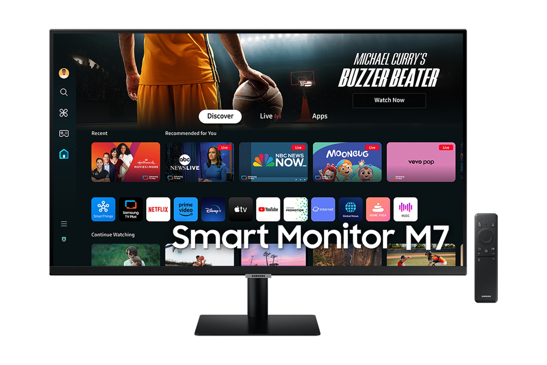 Front of 32 inch Samsung Smart Monitor M70D with Smart TV Apps on screen, and remote control.