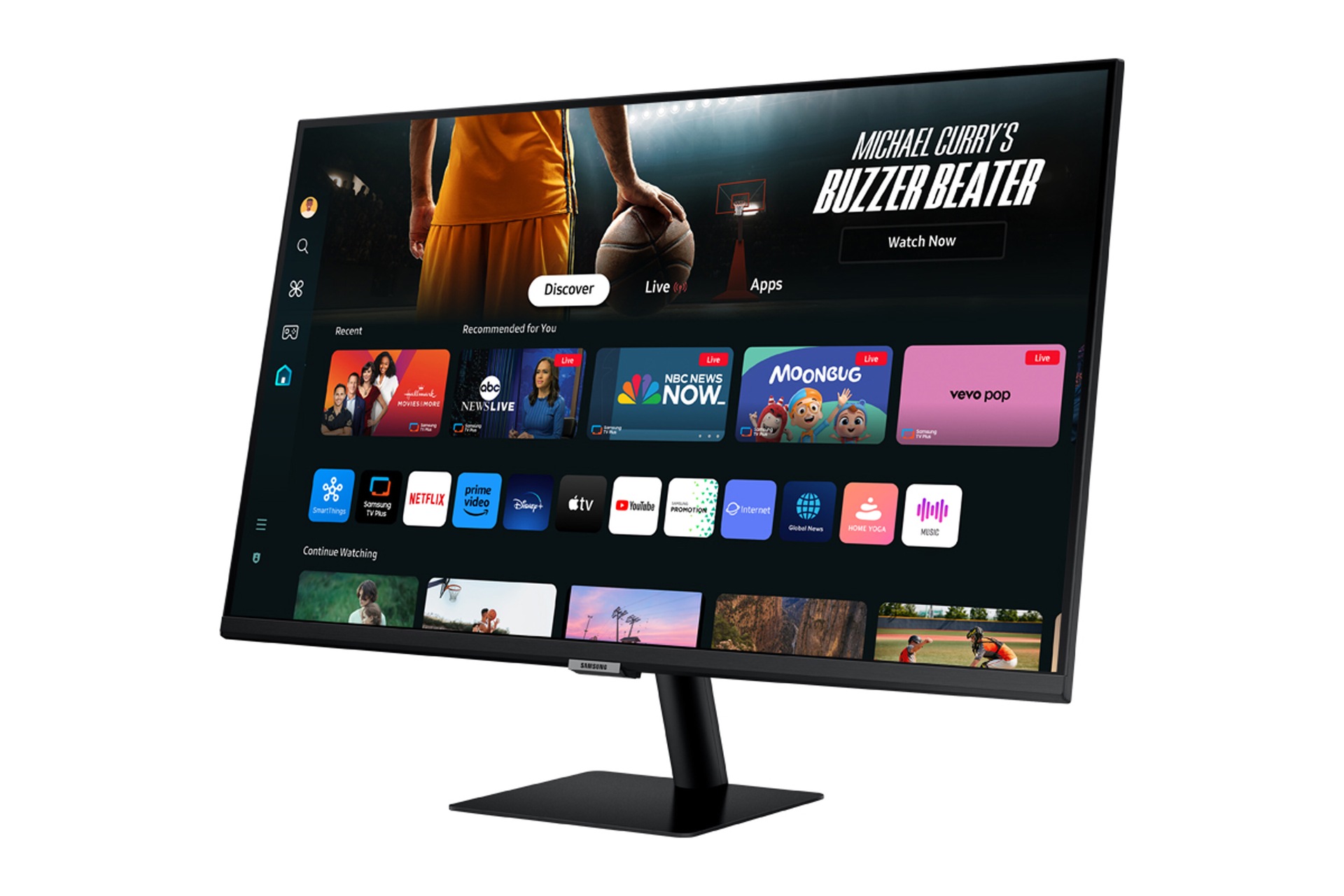 Front-right perspective of 32 inch Samsung Smart Monitor M70D with Smart TV Apps on screen.