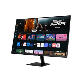 Front-right perspective of 32 inch Samsung Smart Monitor M70D with Smart TV Apps on screen.