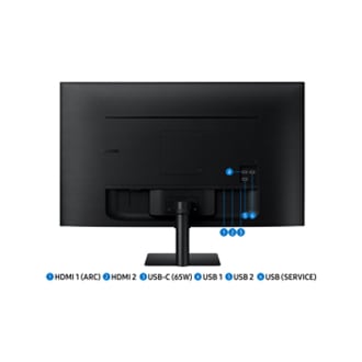 Jackport of 32 inch Samsung Smart Monitor M70D including USB-C(65W), USB (SERVICE), two of USB, two of HDMI IN, and power.