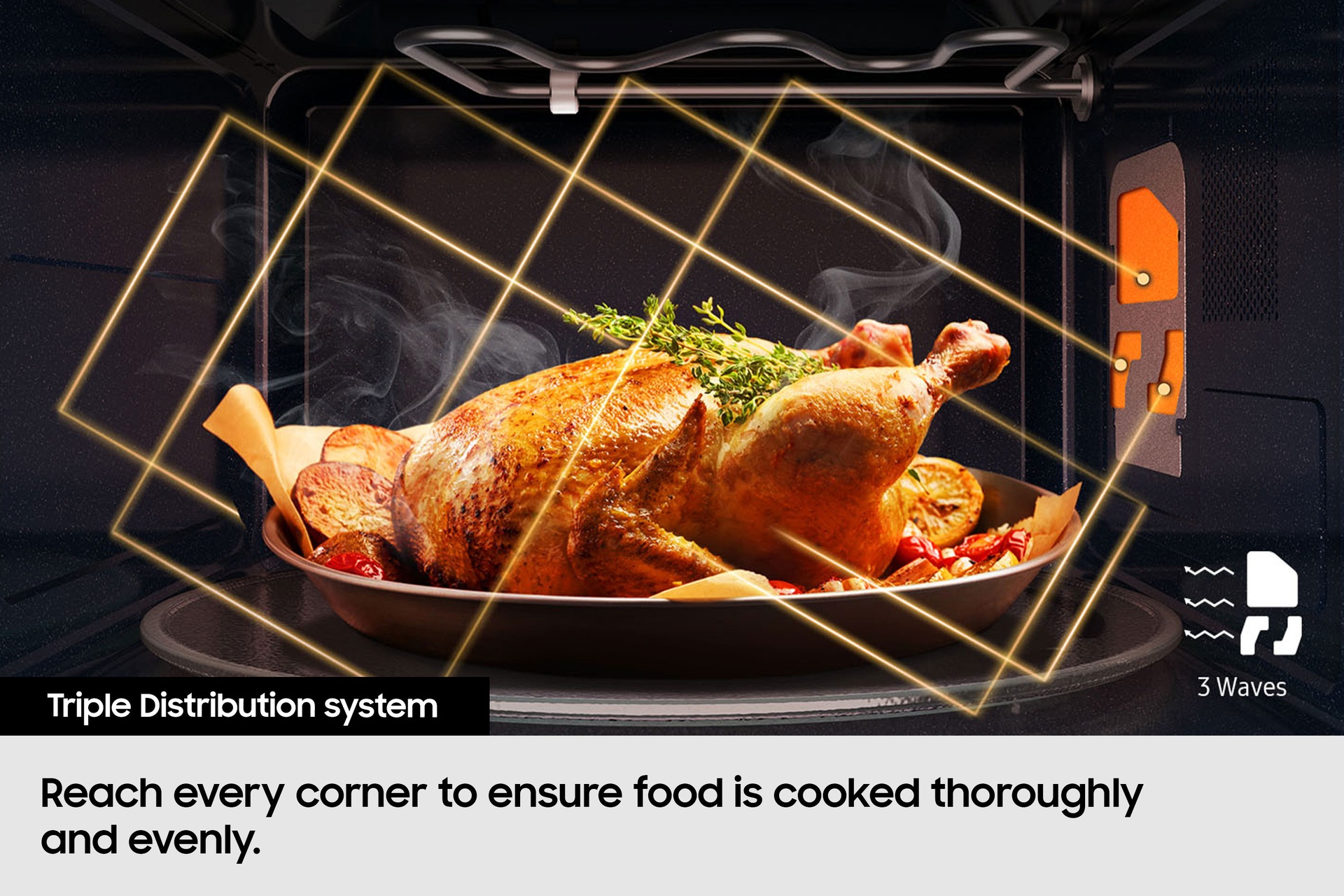 Front right view of a white Samsung Solo Microwave oven with Quick Defrost