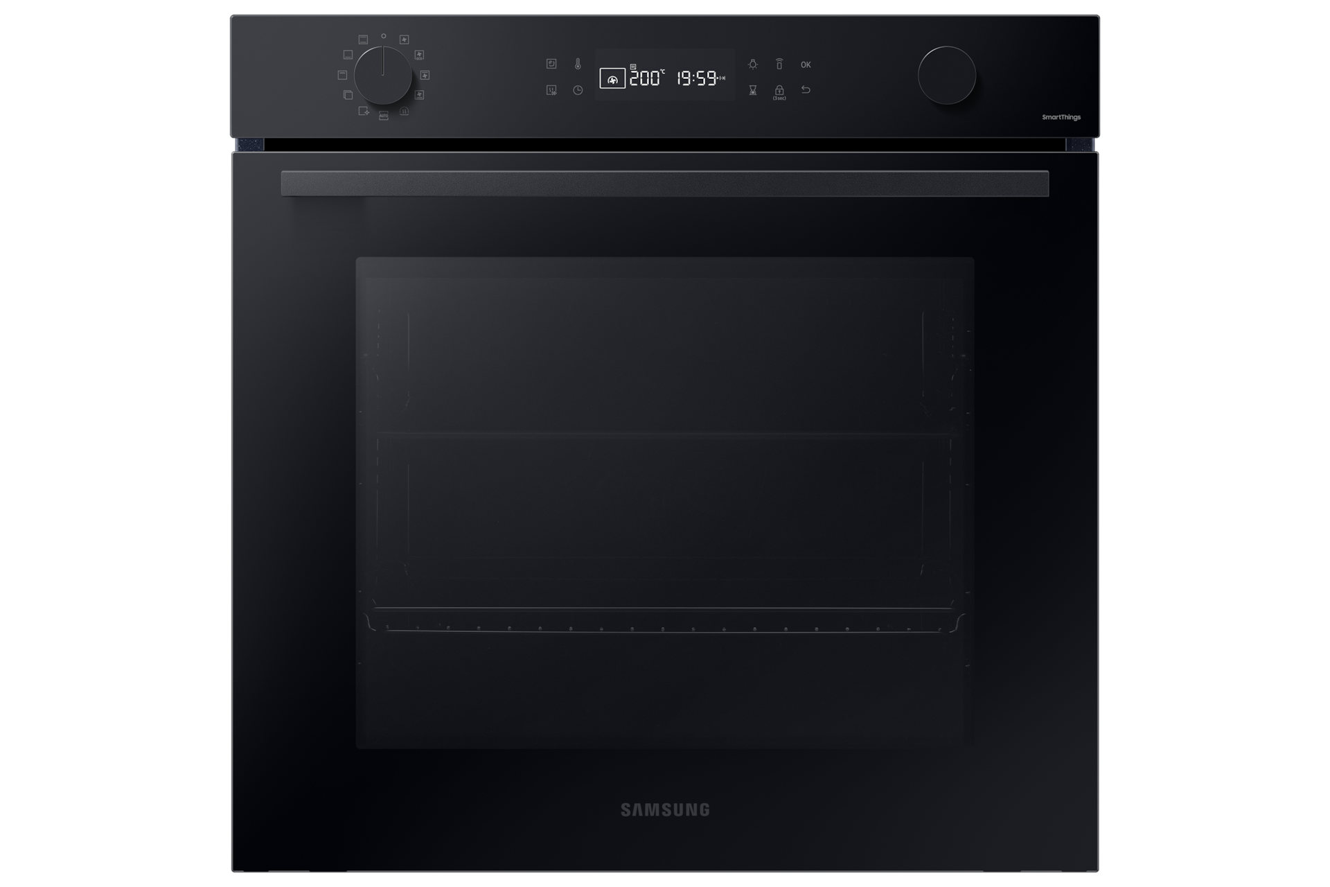 A Samsung Series 4 smart integrated oven NV7B41403AK with catalytic cleaning on a white background.