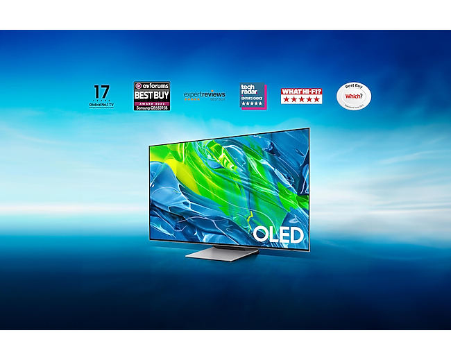 A Samsung S95B 65 Inch OLED TV QE65S95BATXXU with Dolby Atmos and Quantum Dot Technology standing on a blue and white background. 