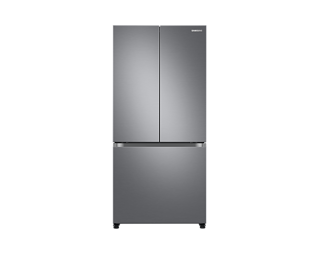 A Samsung silver freestanding twin cooling fridge freezer RF50A5002S9 on a white background.