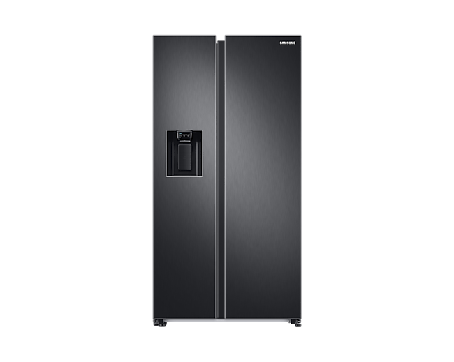 A Samsung black freestanding SpaceMax American fridge freezer RS68A8840B1 on a white background.