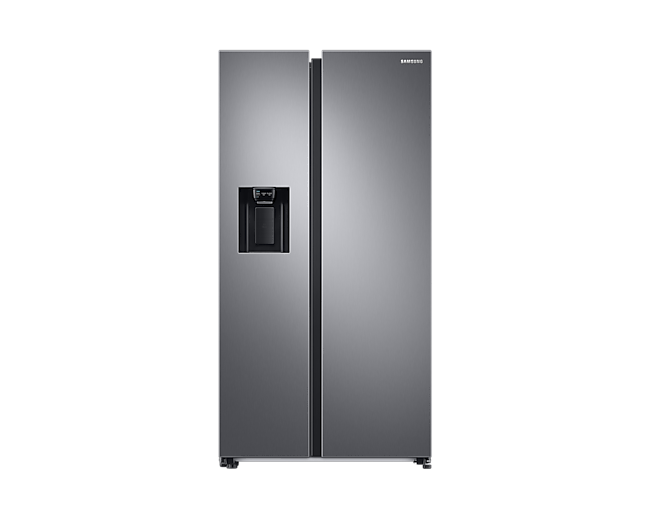 A Samsung silver freestanding SpaceMax American fridge freezer RS68A8840S9 on a white background.