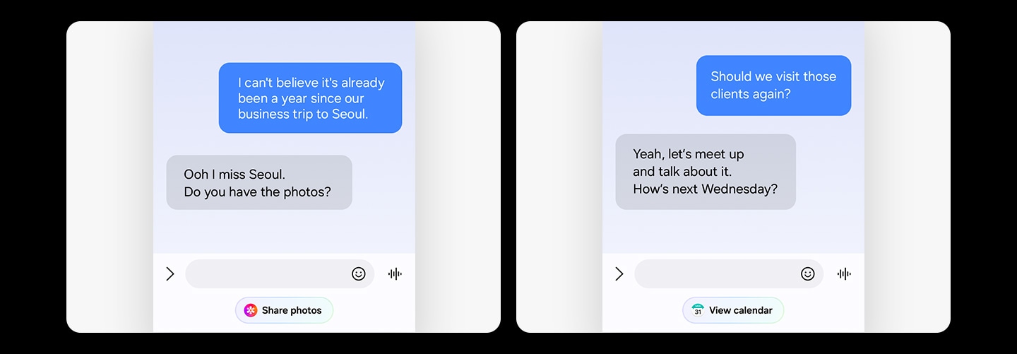 Mensajes de texto entre dos personas. Ahora Nudge hace sugerencias basadas en la conversación.