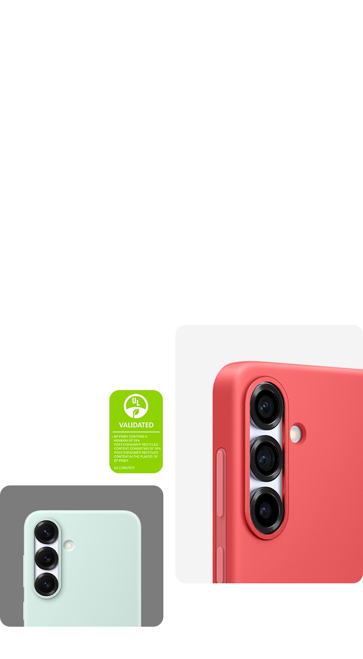 Two Galaxy S25 installed with the Silicone Case are shown from the upper half only, from the back side with their camera lenses. One is in the Mint Silicone Case and the other is in Red. A UL Environmental Claim Validation Mark is shown that reads 'EF-PS931 CONTAINS A MINIMUM OF 33% POST-CONSUMER RECYCLED CONTENT, CONSISTING OF 50% POST-CONSUMER RECYCLED CONTENT IN THE PLASTIC OF EF-PS931. UL.COM/ECV'.