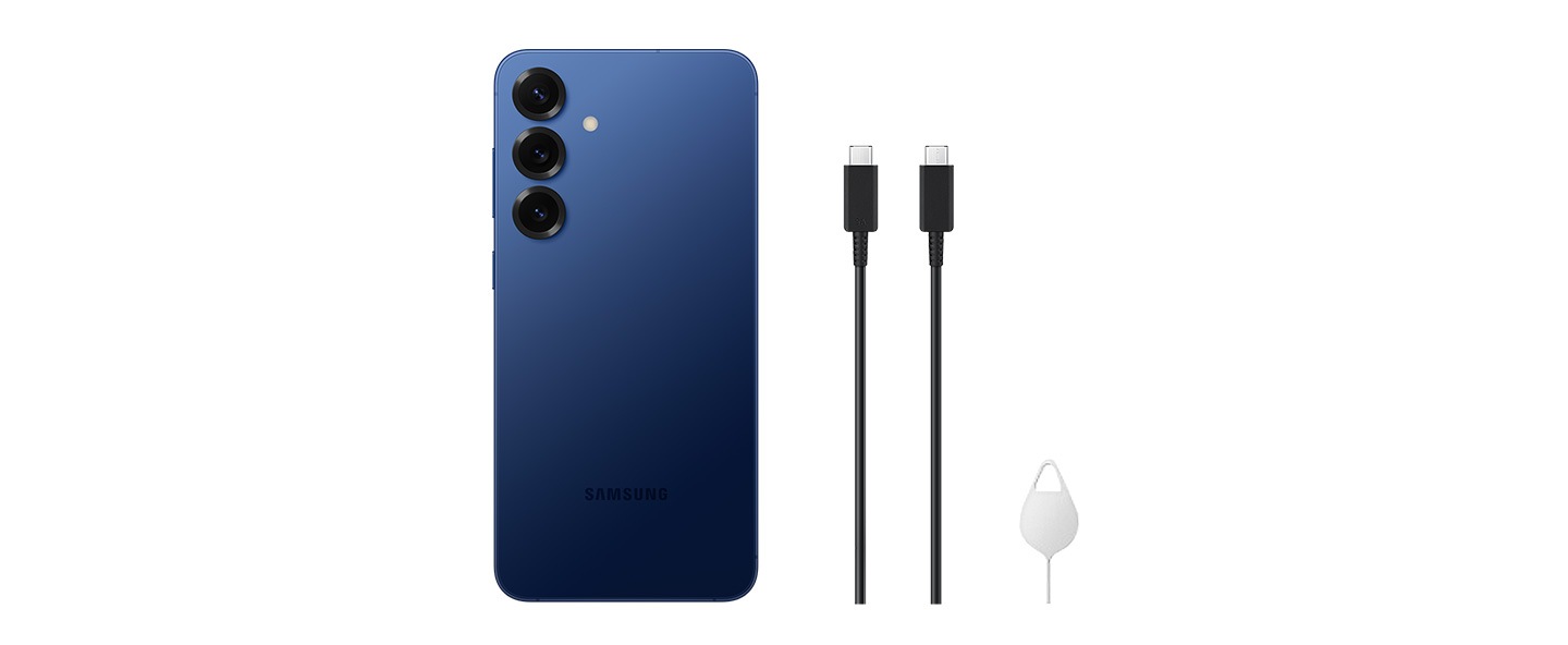 Incluye tres elementos. 1. Galaxy S25 plus en azul marino. 2. Cable tipo C a tipo C. 3. Pasador de expulsión. Enumerados en orden de importancia.