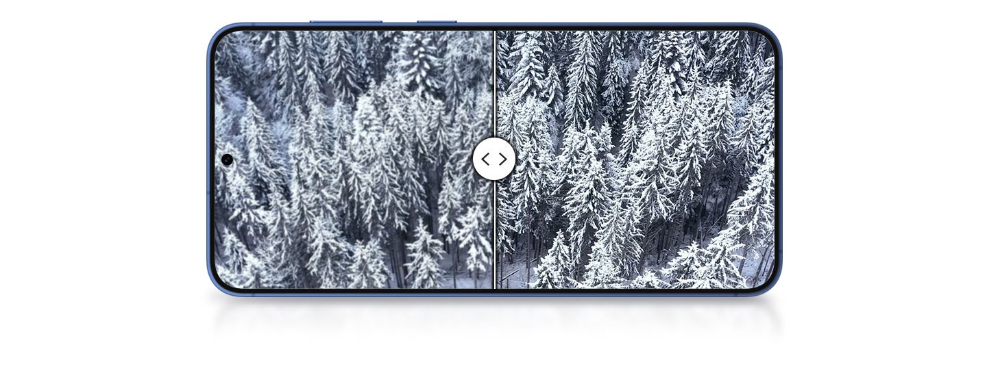 Una comparación del antes y el después en la pantalla del dispositivo Galaxy muestra los efectos de ProScaler. ProScaler ofrece gráficos más detallados.