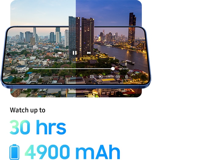 Un time-lapse de un paisaje urbano pasa del día a la noche durante 29 horas y 30 minutos gracias a la batería de larga duración del Galaxy S25 plus. Mira hasta 30 horas. 4900 miliamperios hora.