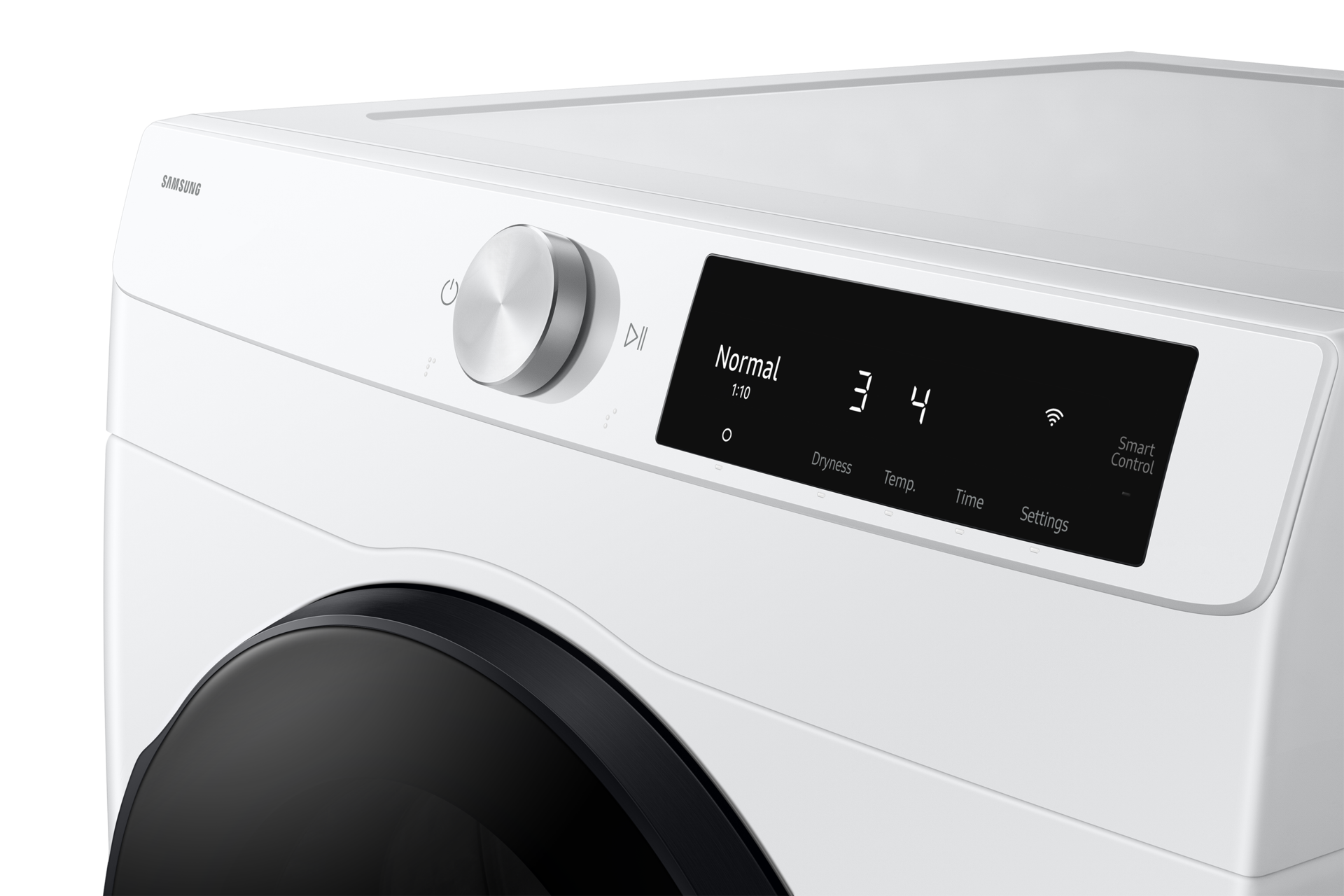 Angled view of compact electric dryer with Control Panel