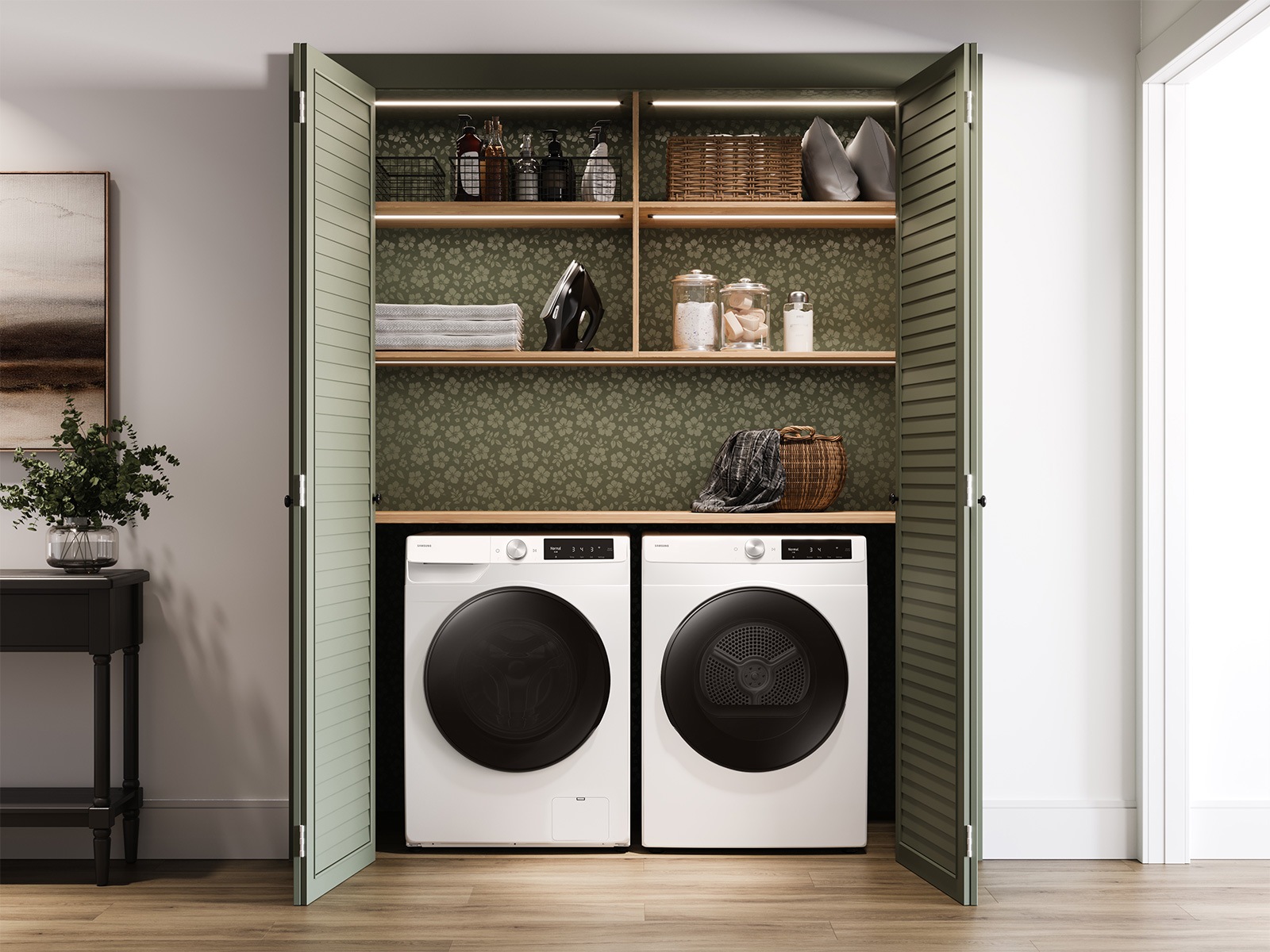 Compact washer and electric dryer side by side in closet space
