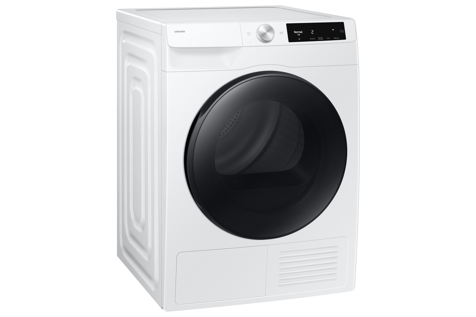 Angled view of compact heat pump dryer