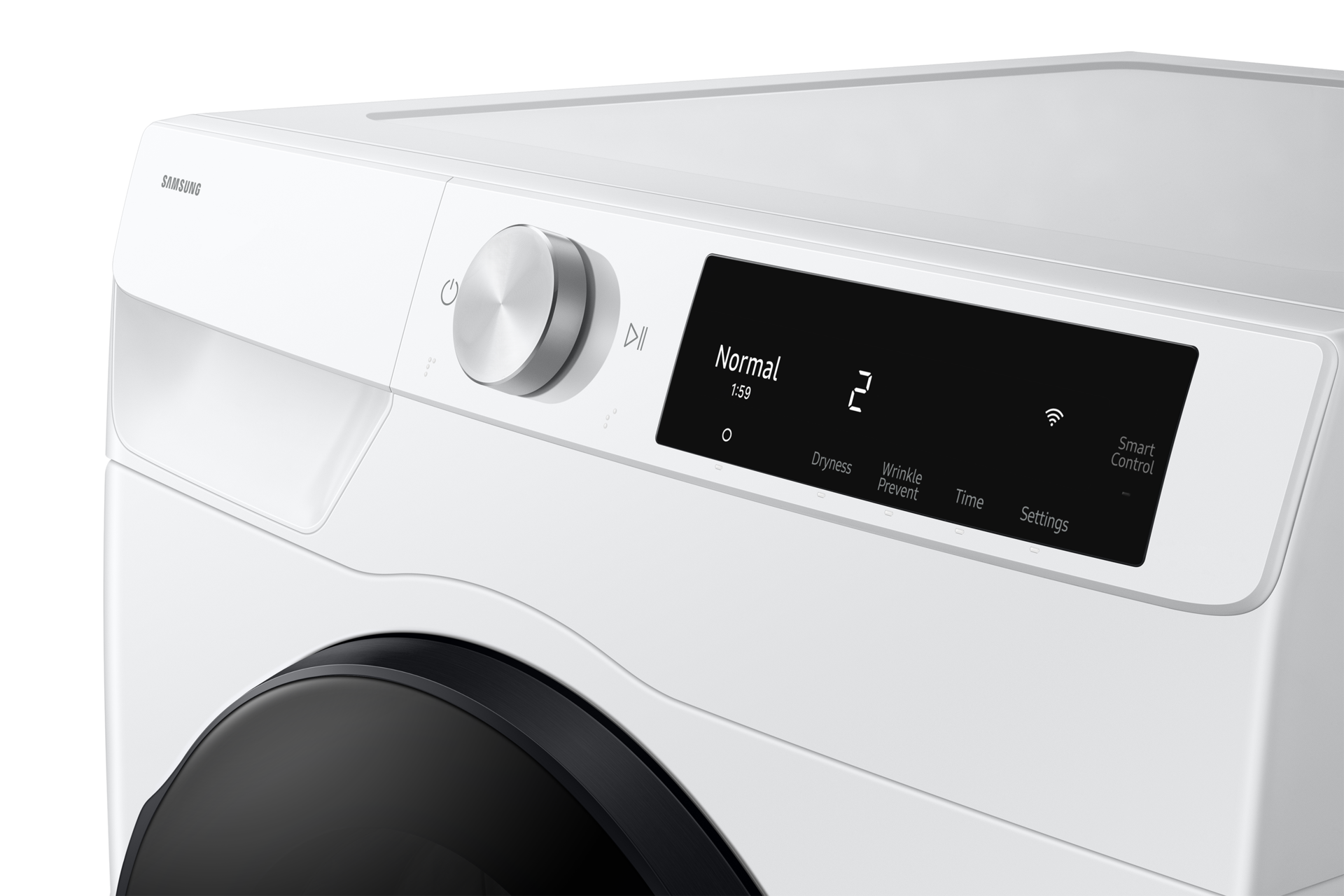 Angled view of compact heat pump dryer with Control Panel