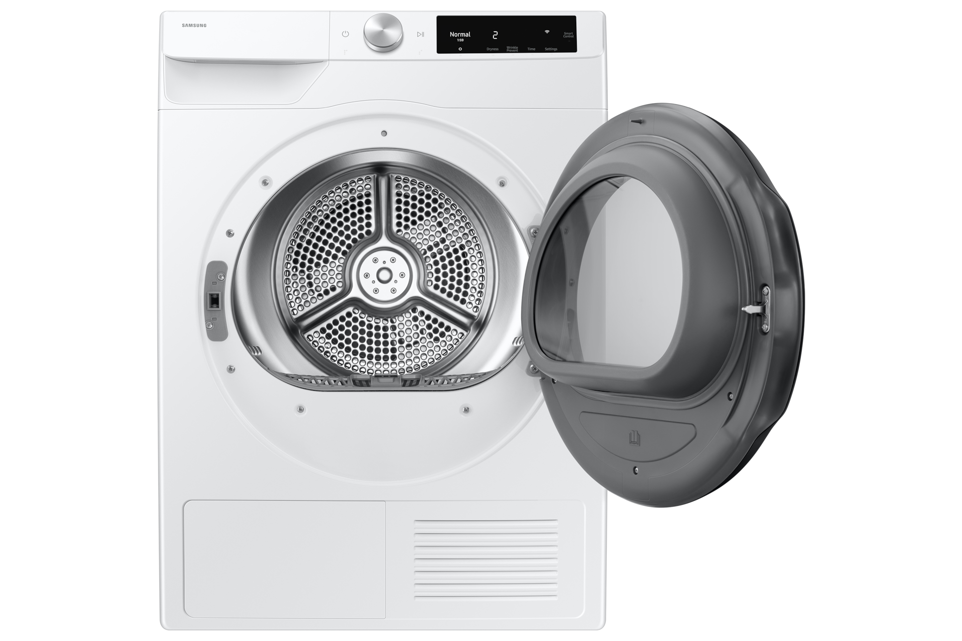 Compact heat pump dryer with door open