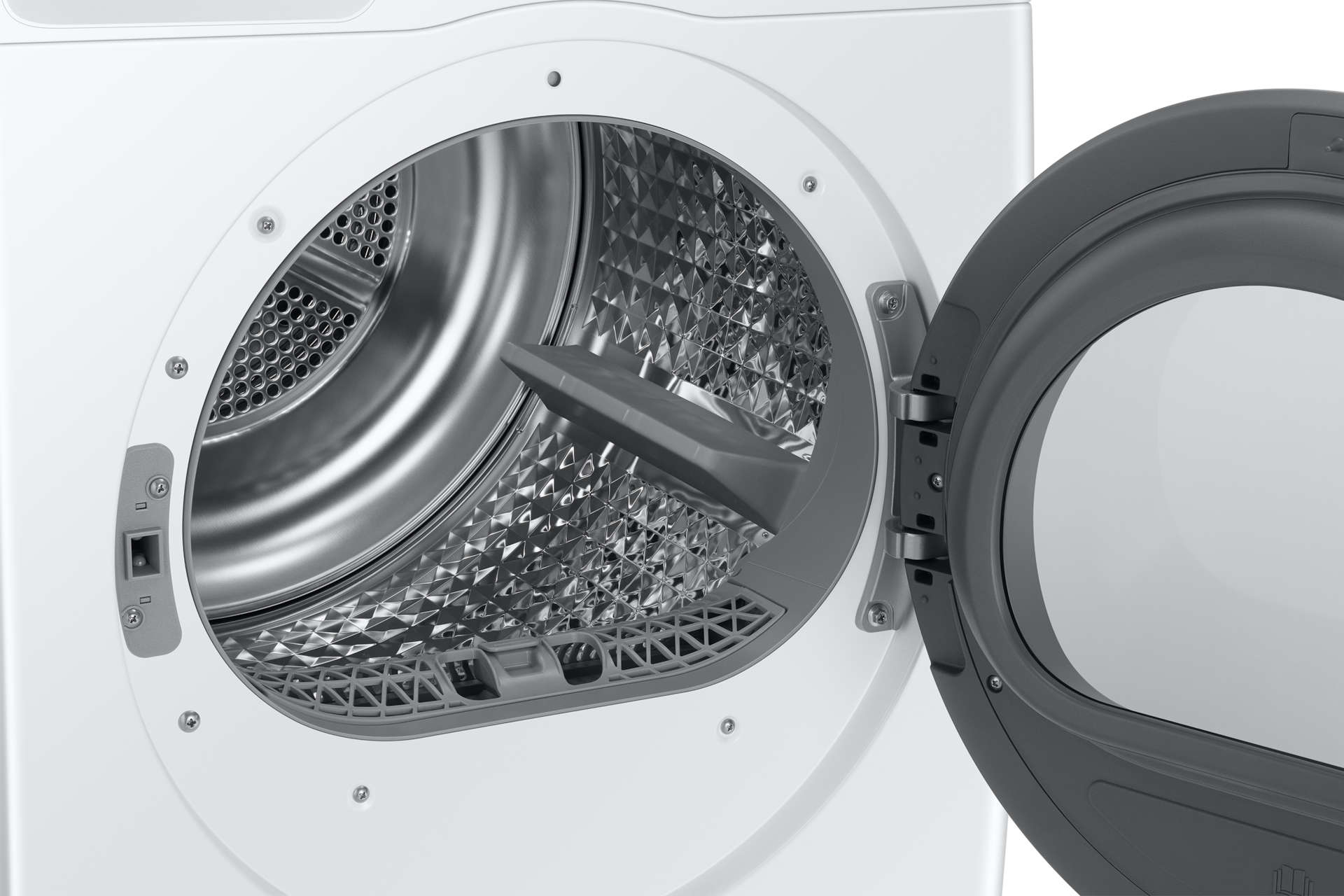 Close-up view of compact heat pump dryer with door open