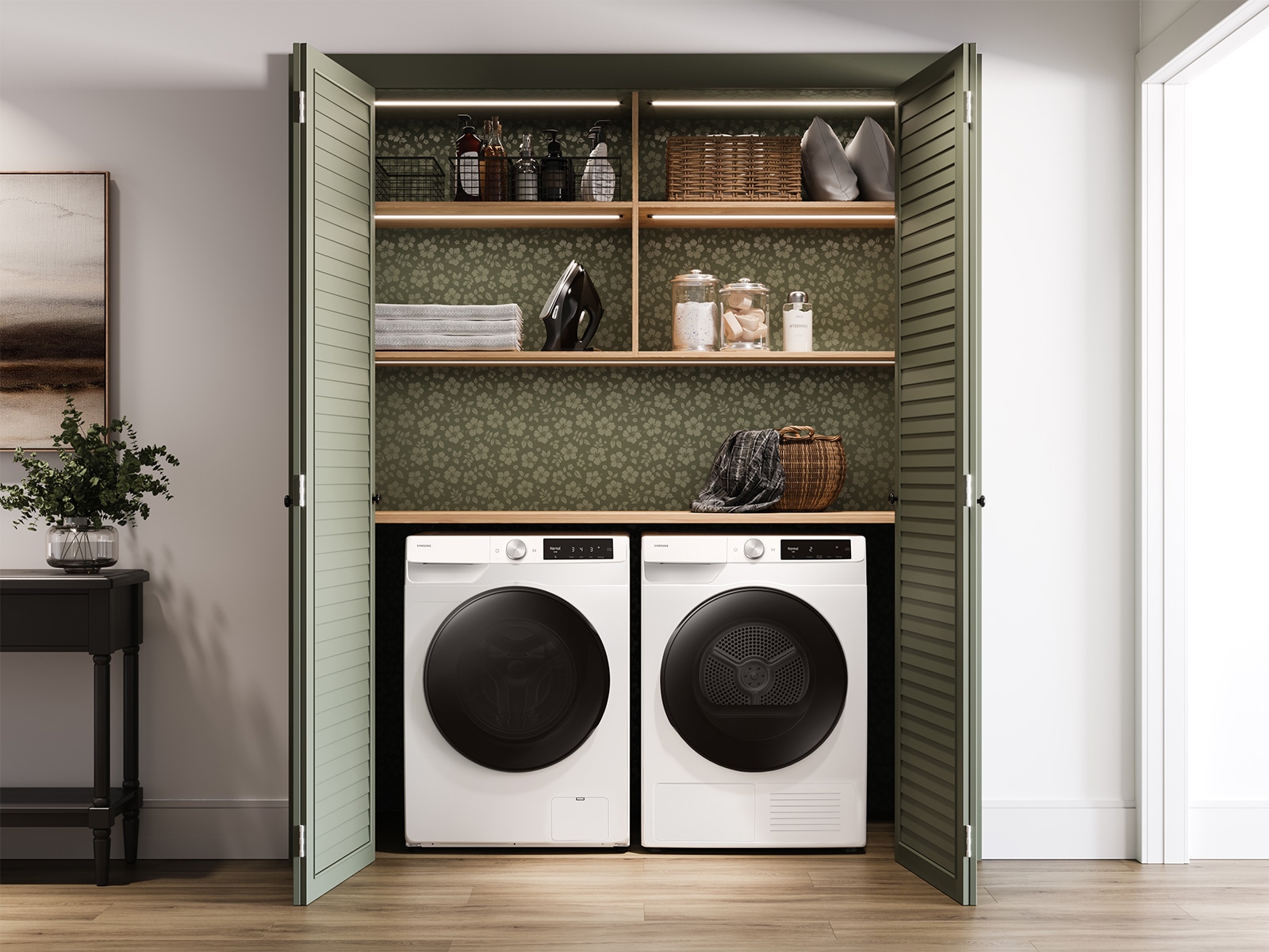 Compact washer and heat pump dryer side by side in closet space
