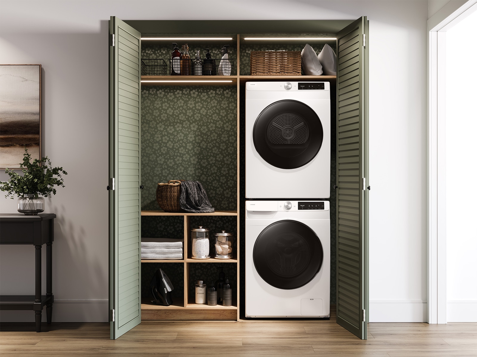 Compact washer and heat pump dryer stacked in closet space