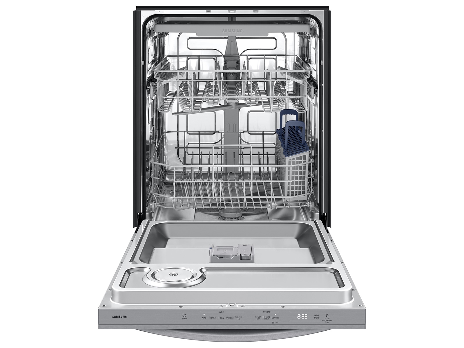 Front view with Door Open of 48dBA Dishwasher with 3rd Rack and AutoRelease Door Drying
