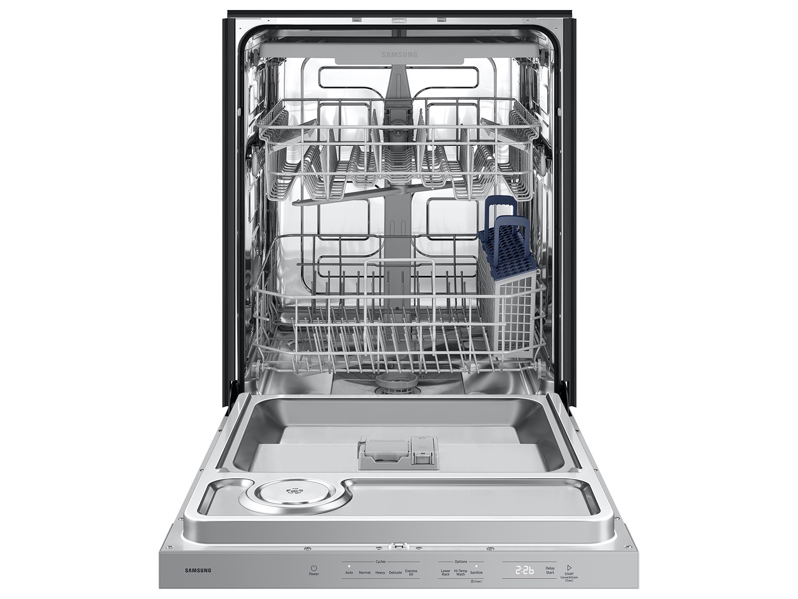Front view with Door Open of 48dBA Dishwasher with 3rd Rack and AutoRelease Door Drying