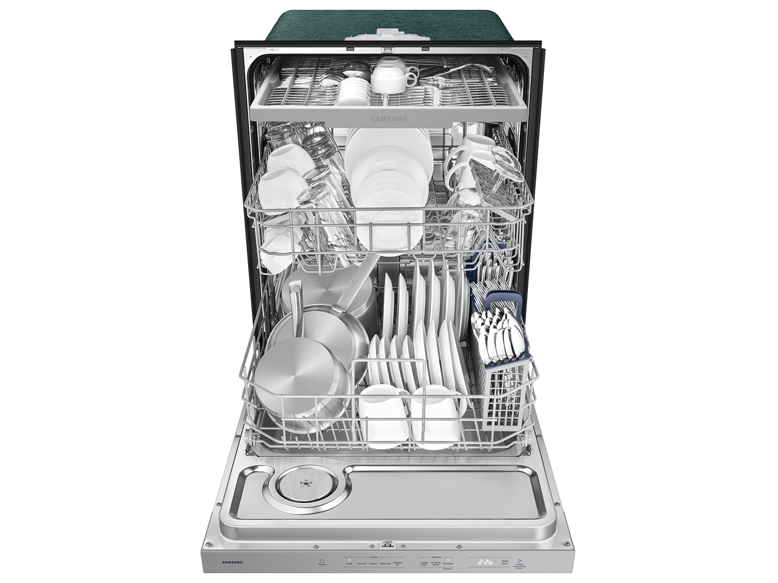 Front view with Door Open Loaded with Dishes of 48dBA Dishwasher with 3rd Rack and AutoRelease Door Drying