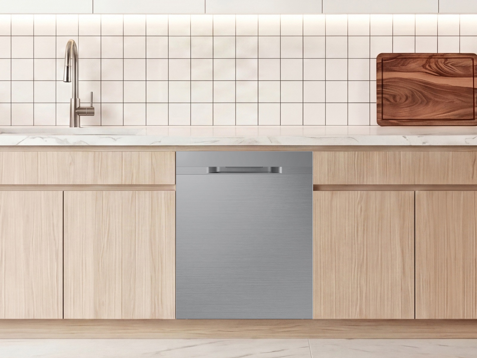 Kitchen lifestyle of 48dBA Dishwasher with 3rd Rack and AutoRelease Door Drying