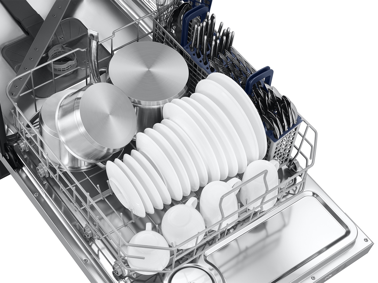 Interior Lower Rack Loaded with Dishes of 48dBA Dishwasher with 3rd Rack and AutoRelease Door Drying