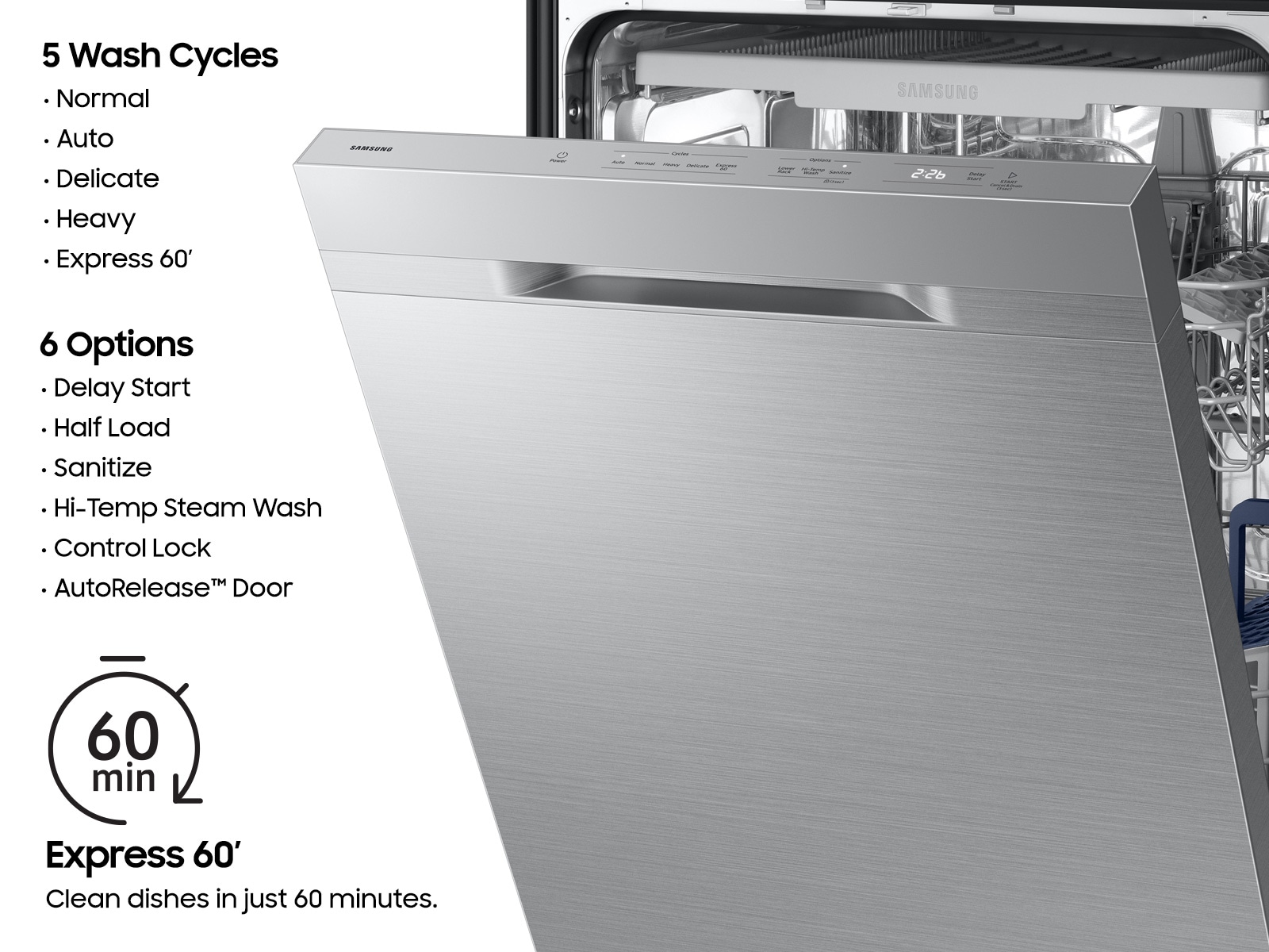 5 Wash Cycle Options for 48dBA Dishwasher with 3rd Rack and AutoRelease Door Drying