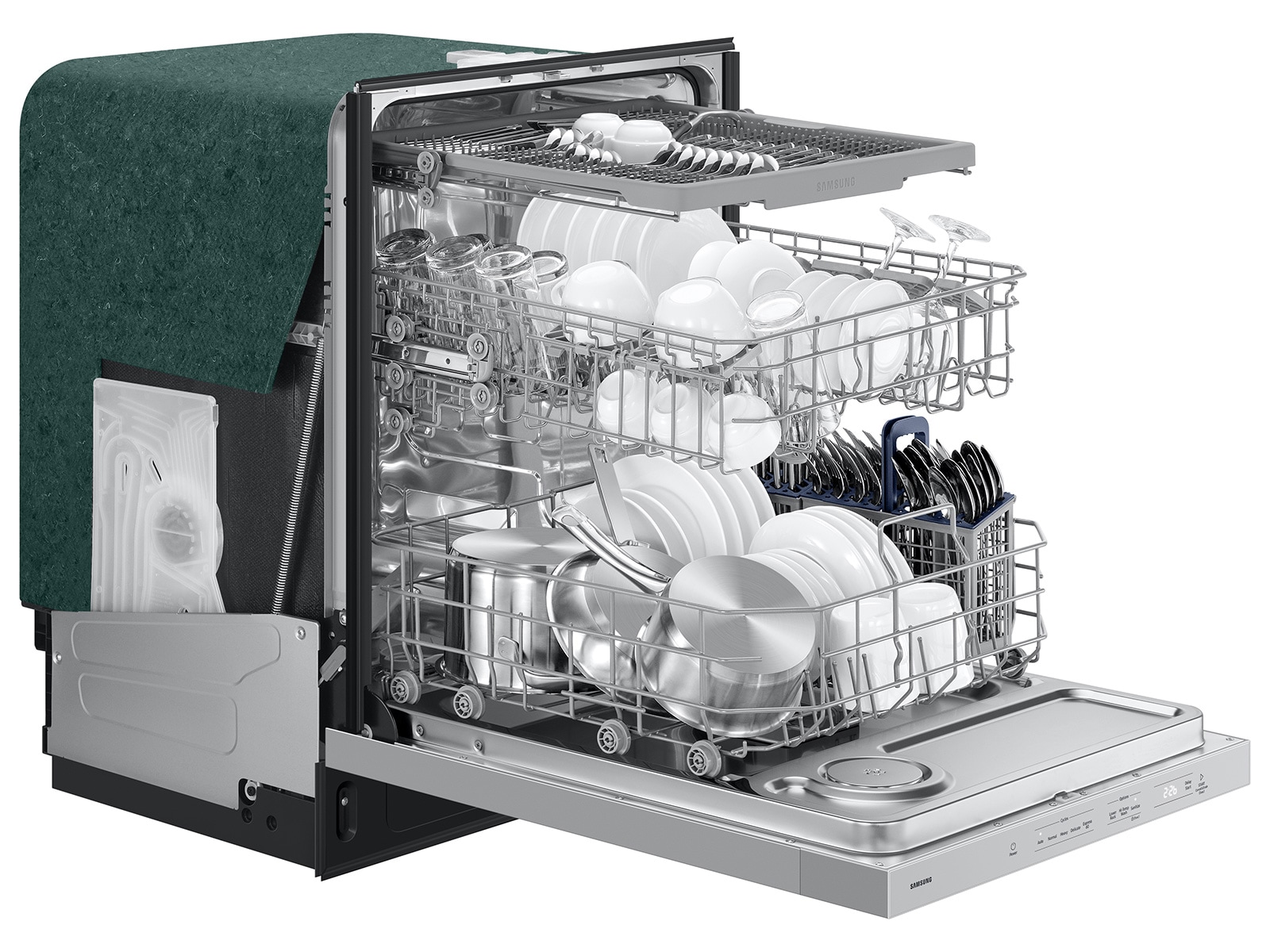 Side Angle Shot of 48dBA Dishwasher with 3rd Rack and AutoRelease Door Drying loaded with dishes