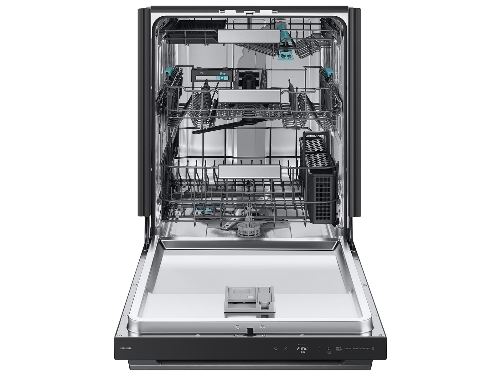 Front view with Door Open of 38 dBA Bespoke AI Smart Dishwasher with 3rd Rack Washing System