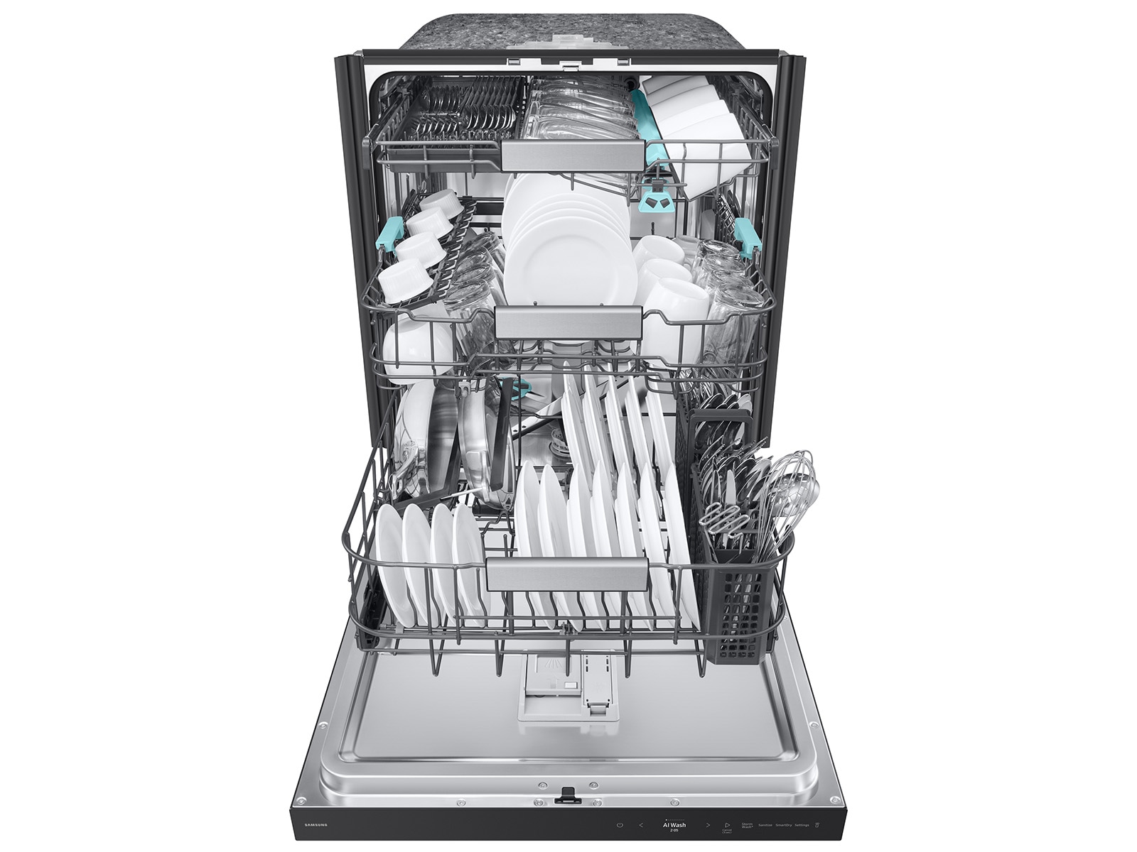 Front view with Door Open loaded with 38 dBA Bespoke AI Smart Dishwasher with 3rd Rack Washing System