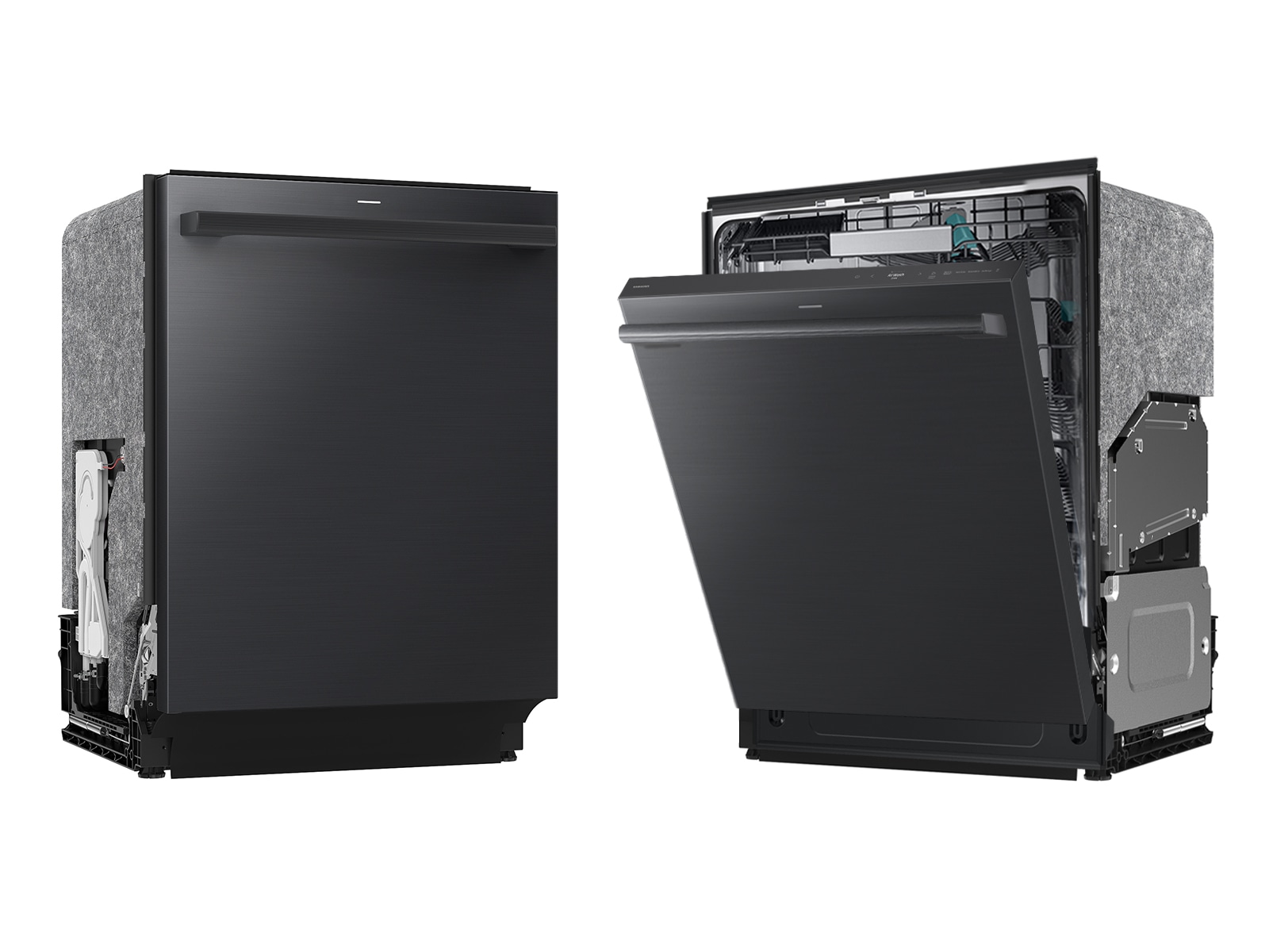 Side angle views of 38 dBA Bespoke AI Smart Dishwasher with 3rd Rack Washing System